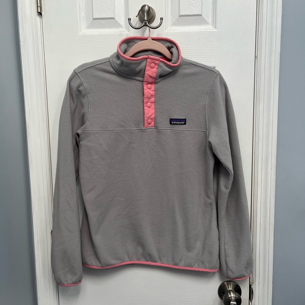Patagonia Women's Micro D Snap-T Pullover Small Gray Pink Fleece Logo Gorpcore